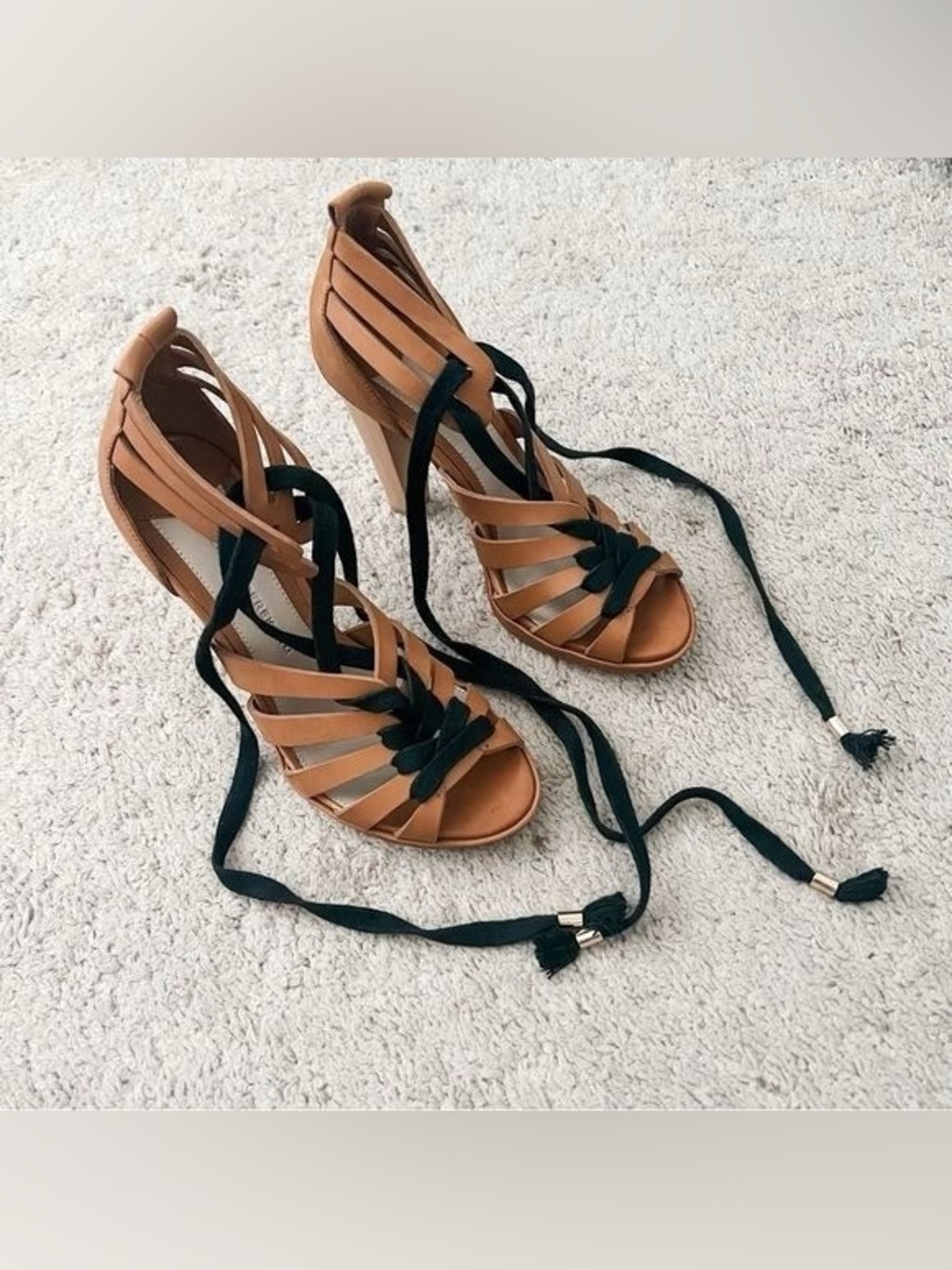 10 Crosby Derek Lam Tan Strappy Lace-Up High Heels with Black Ties